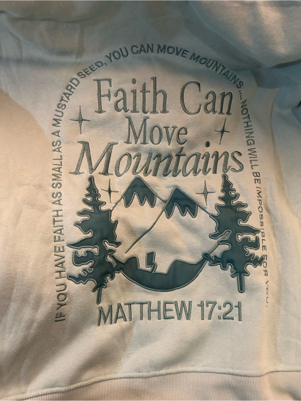 Faith Can Move Mountains Graphic Crewneck Sweater - Light Blue